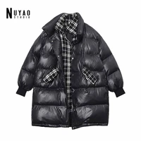 2021 winter new tweed plaid stitching cotton padded coat womens parka thick warm streetwear loose oversize bread jacket female
