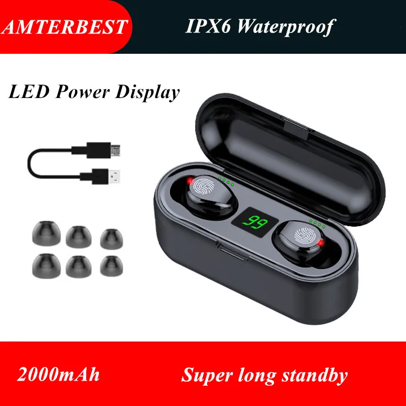 AMTERBEST F9 мини 5D стерео звук беспроводные Bluetooth наушники IPX6 водонепроницаемые спортивные наушники с 3500mA блок зарядного устройства - Цвет: LED Display Black