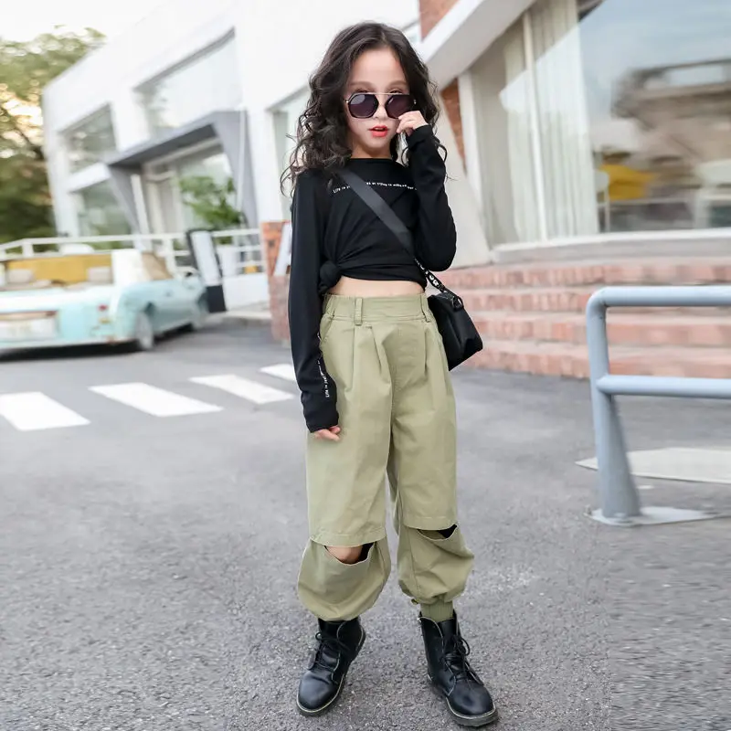 

2021 Spring New Lanterns Pant for Kids Girls Cargo Pants Cool Ripped Trousers Korean casual Loose Sport Pant Teen Girl Clothing