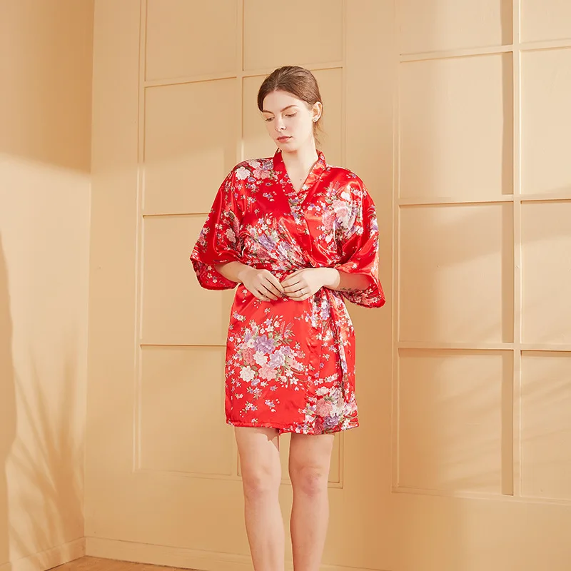 Женский атласный шелковый халат с принтом тонкая свободная ночная рубашка