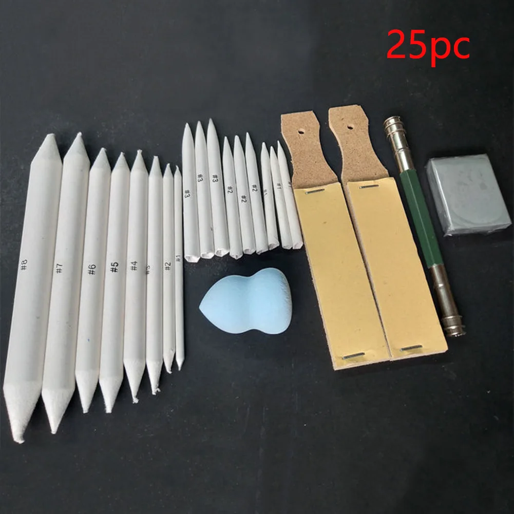

25pcs Art Professional Erasable Portable Beginner Charcoal Sharpen Sketch Tools Stump Pastel Smudge Stick Pencil Set Sandpaper