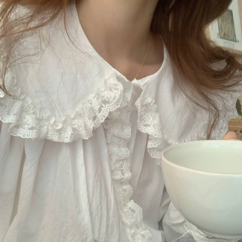 

White Ruffles Sweet All Match Fashion High Quality 2021 Spring Femme Casual Chic Gentle Girls Loose Tops Shirts