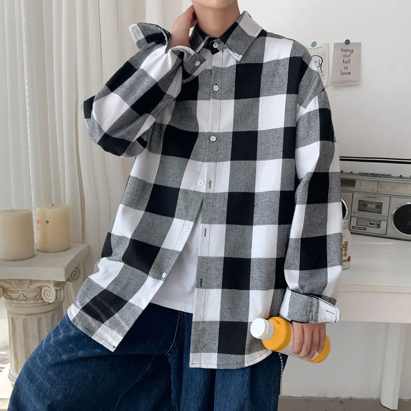 

Spring cotton plaid shirt male long sleeve Korean edition trend loose shirt men Hong Kong wind leisure male