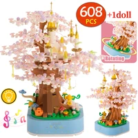 608pcs led light city sakura tree rotating music box building blocks friends cherry flowers figures bricks toys for kids gifts
