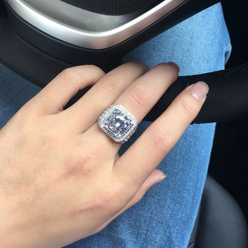 

Fashion Rhinestone Men Iced Out Bling Square Ring 925 Silver Pave Setting CZ Wedding Engagement Rings Top Quality