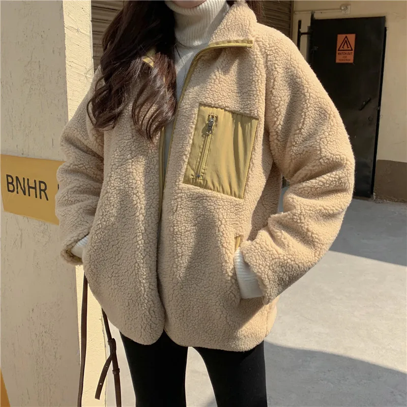 Women's Jacket Cropped Coat Winter Lamb Wool Casuals Fashion Oversize Clothing Warm Windproof Thicken Outwear Wear On Both Sides