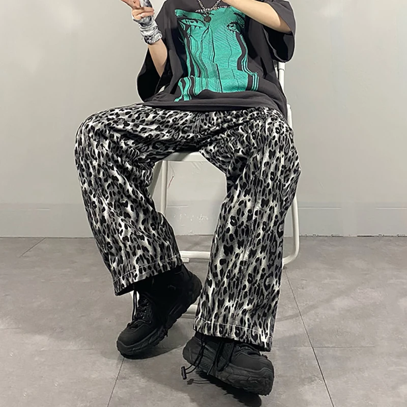 

SHENGPALAE Streetwear Leopard Print Trousers Women's Spring 2021 New High Elastic Waist Loose Straight Wide Leg Pants Female