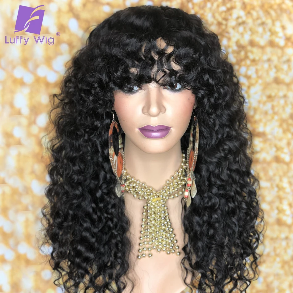 Curly Human Hair Wigs With Bangs Brazilian Remy Human Hair O Scalp Top Wig Glueless 200% Density For Black Women Luffywig