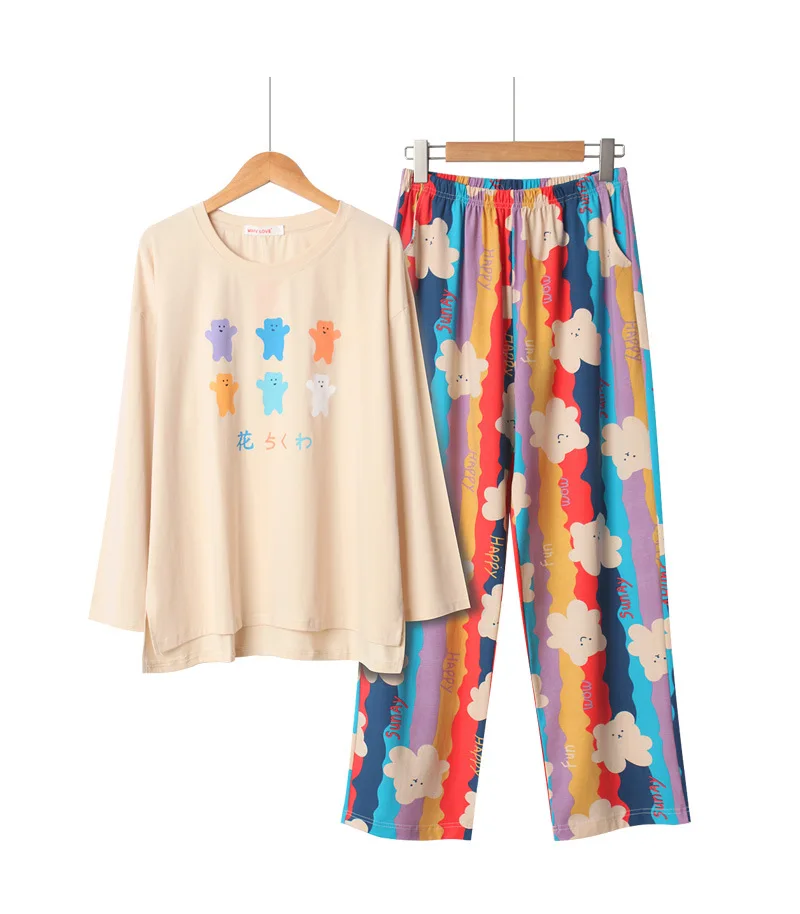 

Autumn and Winter Women Long Sleeve Cotton Pajamas Loungewear Plus Size Womens Clothes Round Neck Cartoon Printing Sleepwear