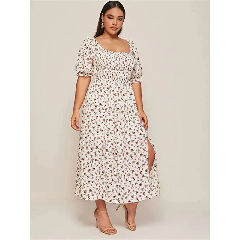 

Spring and Summer New Bubble Sleeve Pleated Hem Floral Women's Large Dress