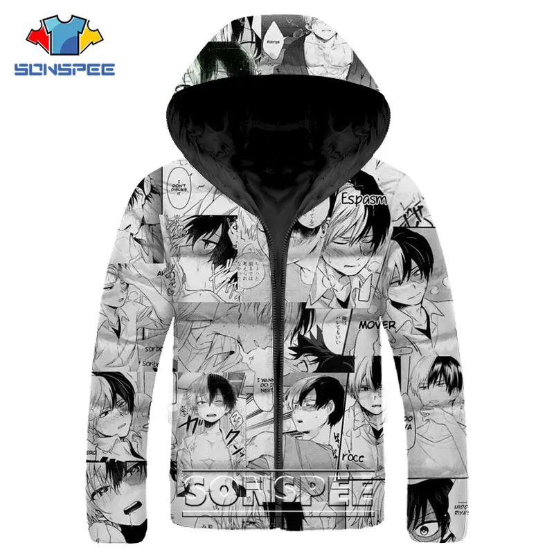 SONSPEE Japan Hot Anime My Hero Academia Parkas 3D Print Todoroki Shoto Hip Hop Down Jacket Winter Men Women Keep Warm Coats