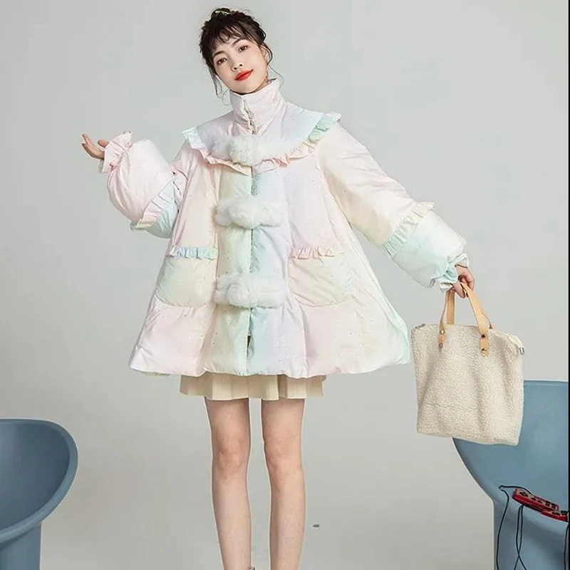 Пуховик с радужной накидкой Женское зимнее плотное хлопковое пальто А-силуэта 2021