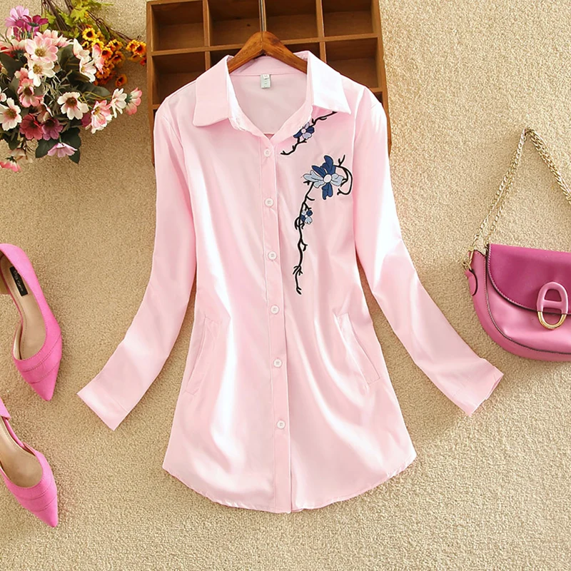 Повседневные рубашки с цветочной вышивкой женские блузки топы весенне осенние