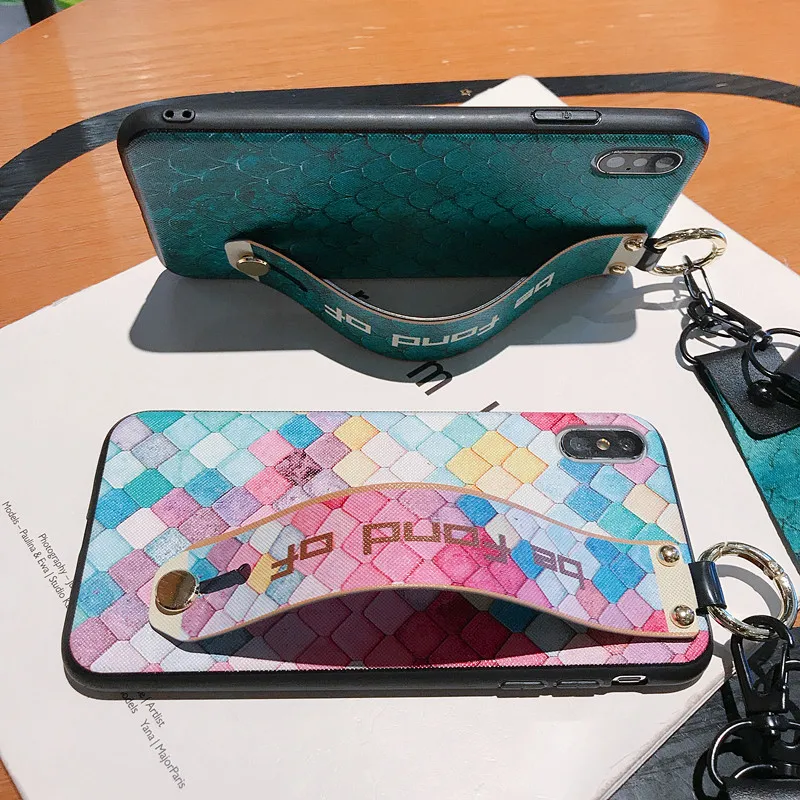 

Wrist Band Half Wrapped Phone Case For iPhone 8 7 6 6s Plus X XR XS Max 8 plus Stand Holder with Lanyard Back Cover Case