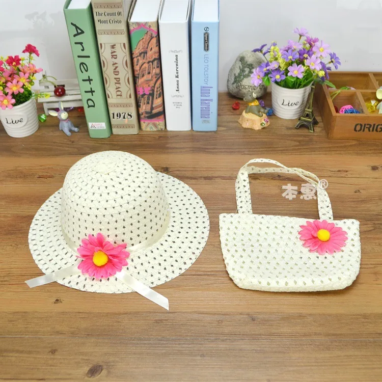 

straw hat bag Large Brim Summer Trip Straw hats Sunscreen Roll-up Sun beach hats Chapeu Feminino for children 1-4 Y