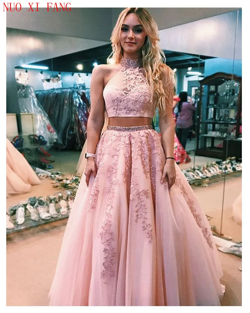Розовые платья Quinceanera кружевные из 2 частей Аппликации трапециевидные с открытой