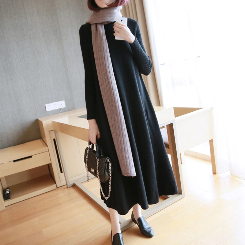 

Autumn Winter Knitted Long Dress Women Turtleneck Sweater Dress Oversized Loose Vintage Maxi Dress Casual Elegant Warm 2021