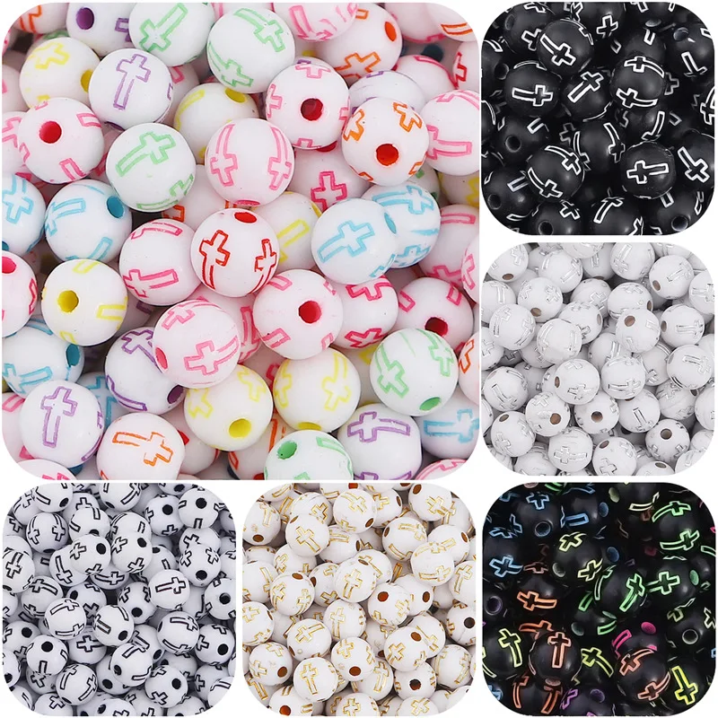 

NEW 100pcs/lot 8mm Charms Round Cross Acrylic Loose Spacer Beads For Jewelry Making DIY Bracelet Necklaces Keychain Accessory
