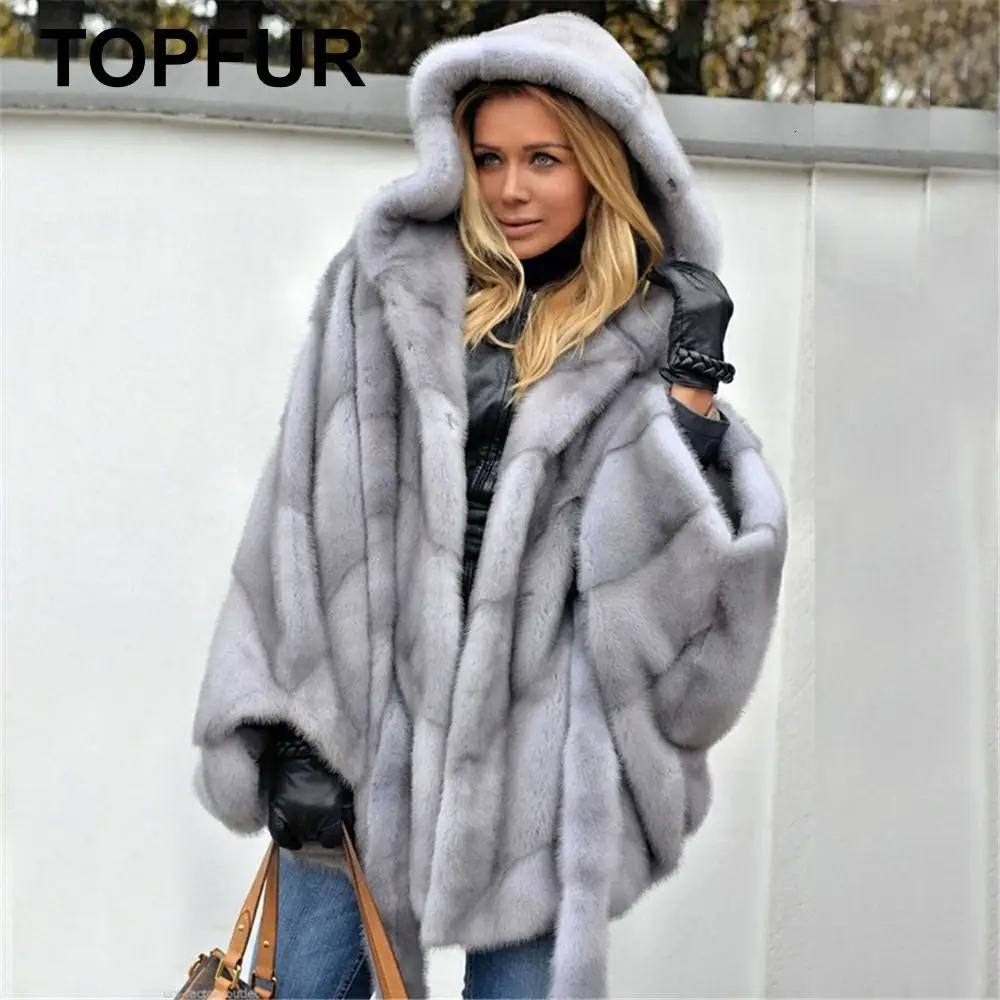 TOPFUR New Fashion Light Grey Mink Coat With Full Fur Hood Batwing Sleeve Winter Natural Fur Coat Women Large Size 70*60cm