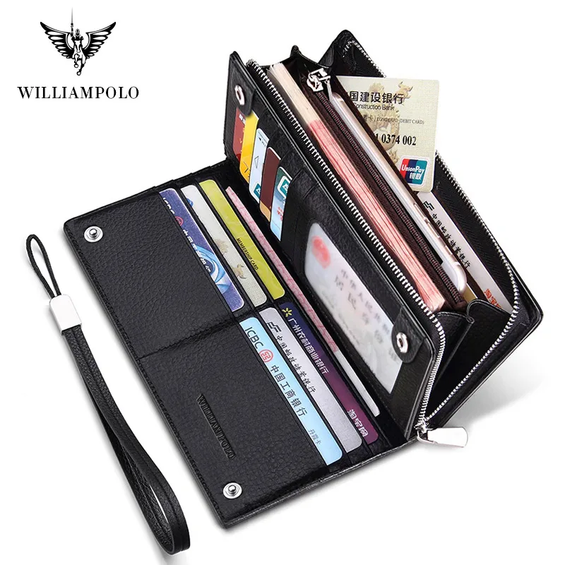 Мужской Длинный кошелек из зернистой кожи WilliamPolo черный модный для телефона с
