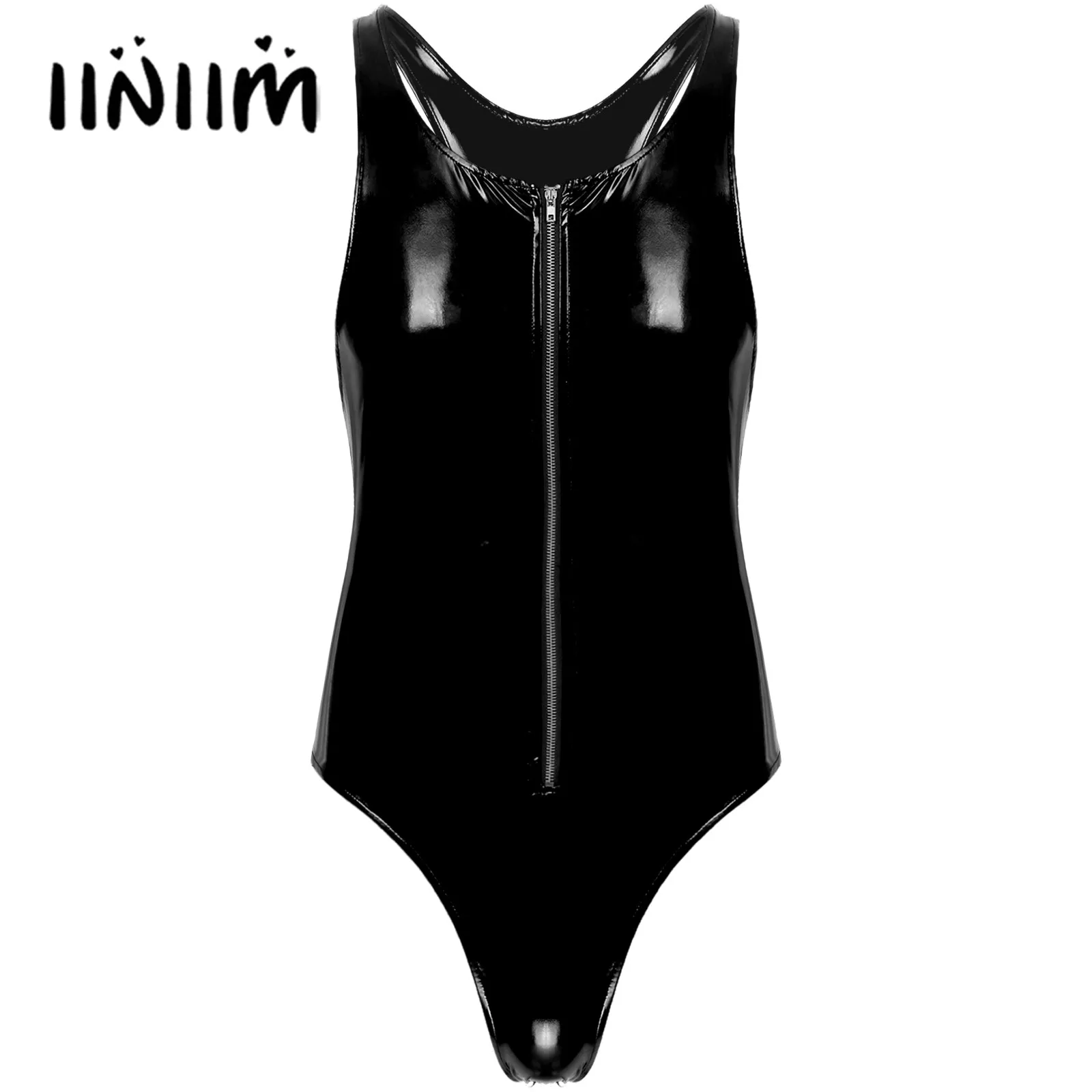 

Lingerie Mens Glossy U Neck Sleeveless Bodysuit Swimwear Wet Look Club Pole Dance Costume Patent Leather Zipper Leotard Clubwear