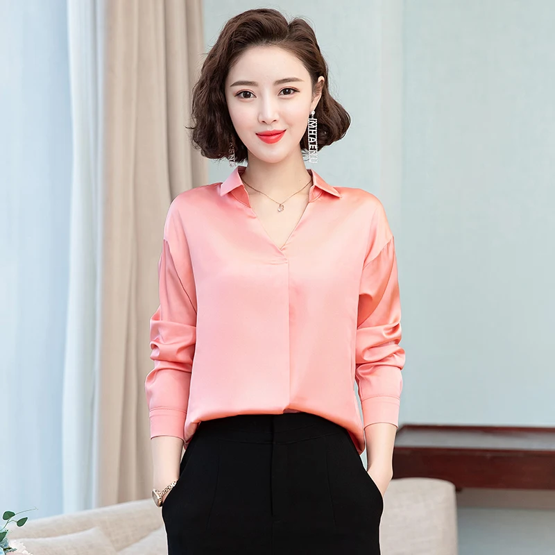 Весенние корейские модные шелковые женские блузки атласные однотонные Женские