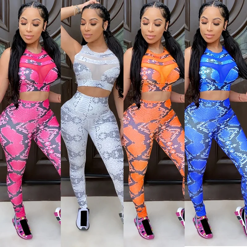 

Snake Print 2 Piece Outfits for Women Crop Tank Top Pants Yoga Set