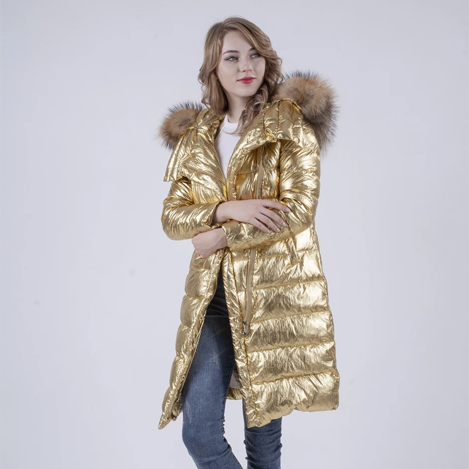 Женская парка с натуральным мехом золотистая или желтая водонепроницаемая