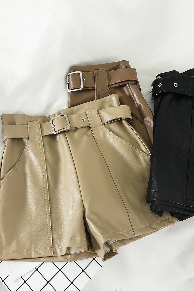

2020 autumn and winter leather shorts female new Korean version of high waist wide leg loose a word PU soft leather shorts