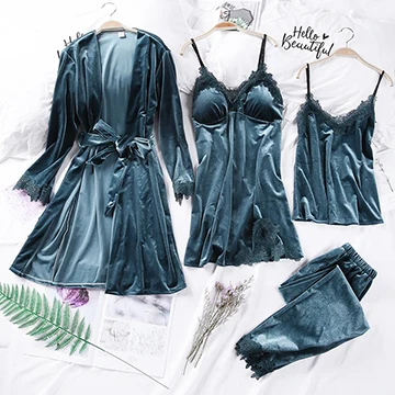 gray-blue BZEL, сексуальный женский халат, пижама, комплекты платьев, золотой бархатный халат+ Ночное платье, 4 шт., Mujer, одежда для сна, Осень-зима, домашняя одежда, пижамы - Цвет: gray-blue