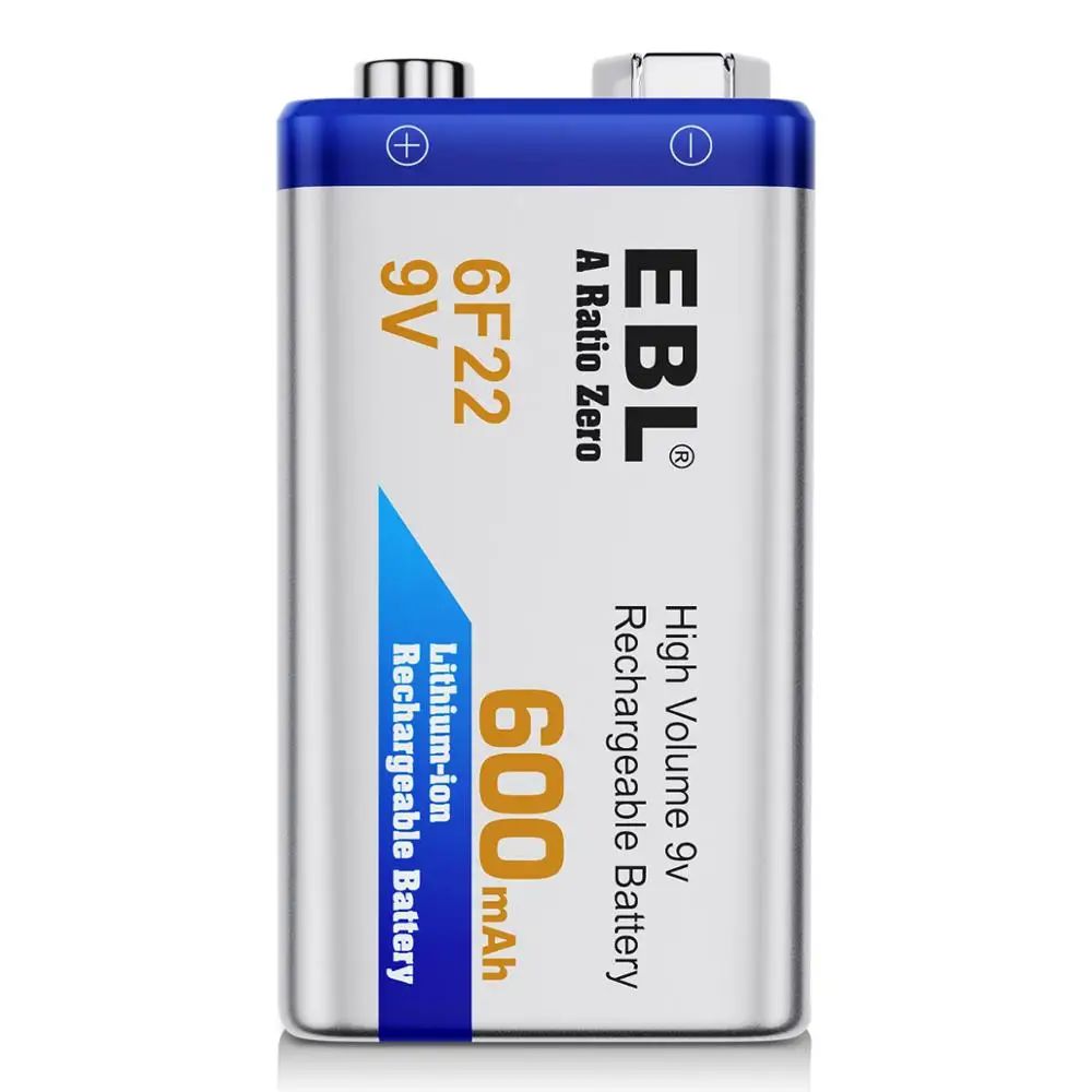 

EBL 9V Li-ion Rechargeable Battery 6F22 600mAh Lithium Batteries for Multimeter Microphone Toy Remote Control