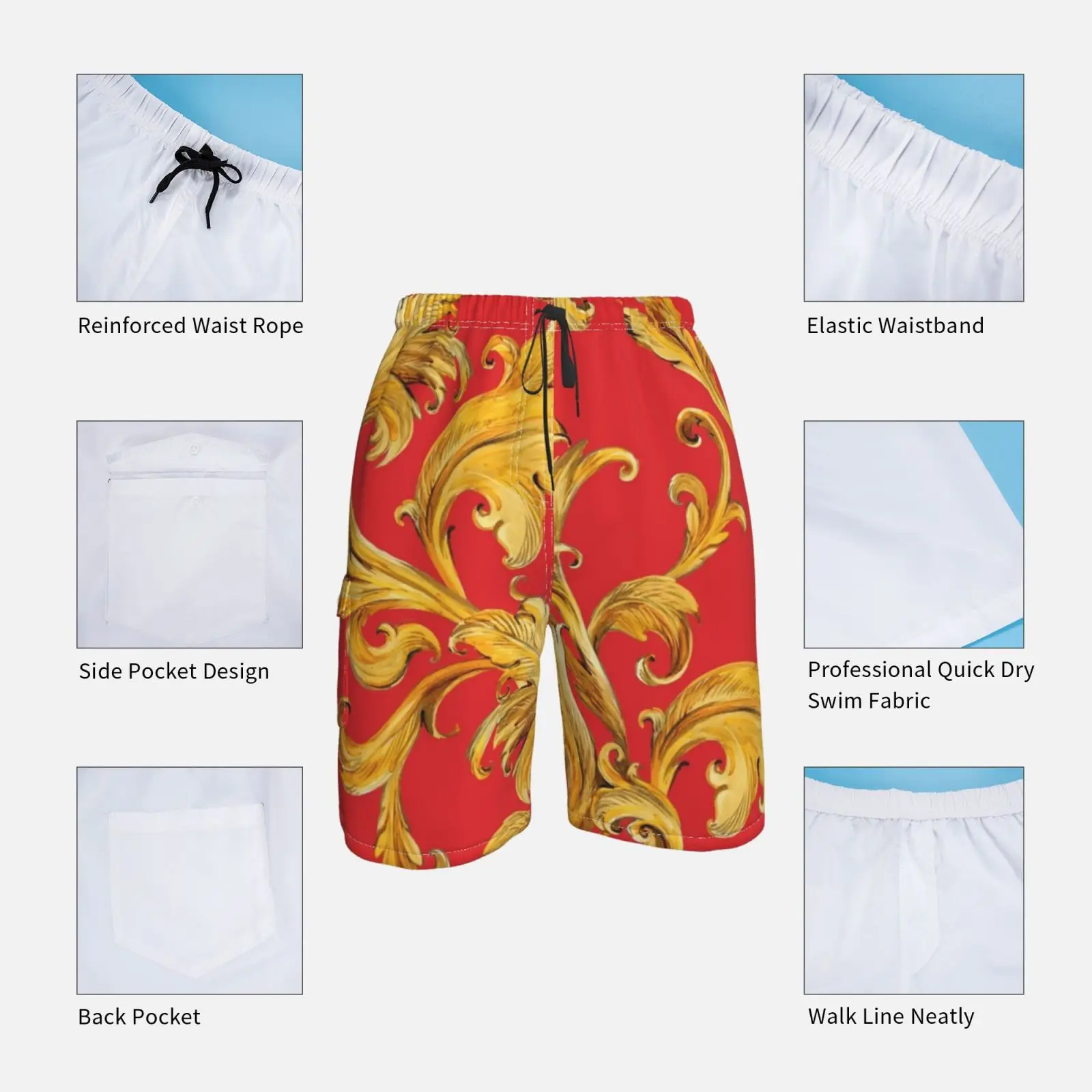 Пляжные шорты с золотыми цепочками и бесшовным рисунком. Роскошная иллюстрация.