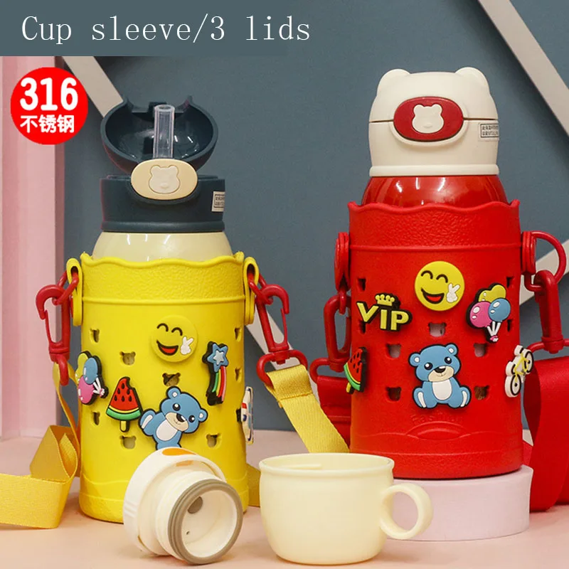 

500 ML 2022 Kawaii Bear Thermos Bottles Cute Kids Straw Water Bottle Insulated Stainless Steel Student Girls Thermal Drink