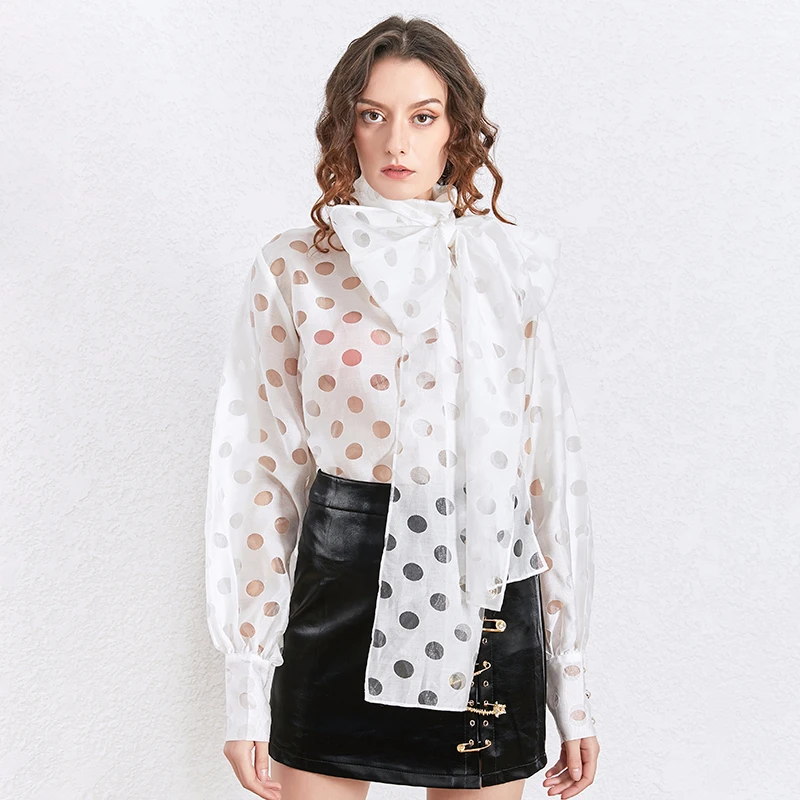 Женская блузка в горошек SISPELL со шнуровкой и бантом прозрачная рубашка с