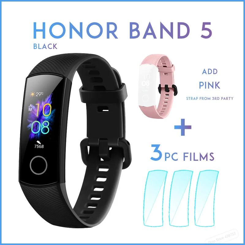 black add PNK strap Умный Браслет huawei Honor Band 5, Оксиметр, волшебный цвет, сенсорный экран, для плавания, для обнаружения сердечного ритма, сна, сна - Цвет: black add PNK strap