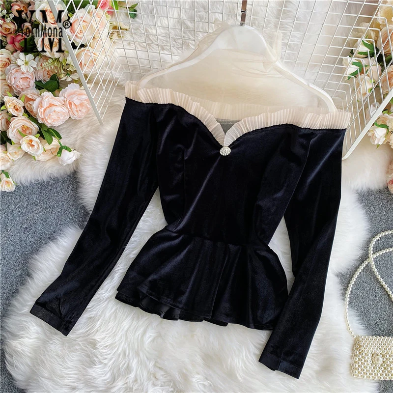 

YornMona French Style Vintage Women Tops 2021 Autumn Elegant Off Shoulder Mesh Patchwork Long Sleeve Velvet Shirts Ladies Blusas