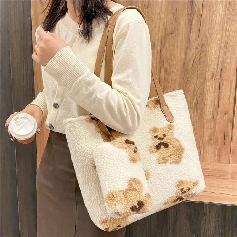 Geestock Handbags Women Bag Lamb Fabric Fluffy Shopper Shoulder Bags For Girls School Cute Bear Cotton Bag Shopper Bag images - 6