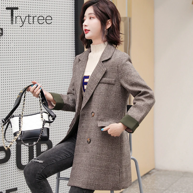 Trytree 2019 осеннее Женское пальто повседневное с отложным воротником двубортное в