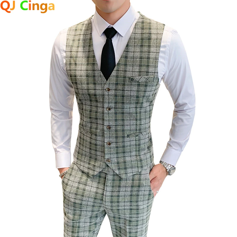 Новый зеленый мужской Клетчатый комплект QJ CINGA из 2 предметов (жилет + брюки)