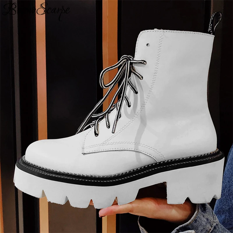 Buono Scarpe Mixed Color Women Ankle Boots Lace Up Female Ankle Botas Mujer Thick Bottom Genuine Leather Boots Fenimina Non-Slip
