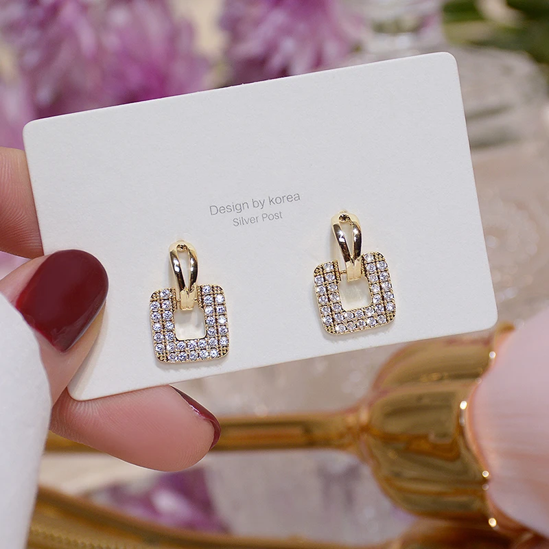 

YPAY 14k Real Gold Square Pave Inlaid Top Zircon Earring for Women Charm Elegant 2021Temperament Drop Eearrings Jewelry Pendant