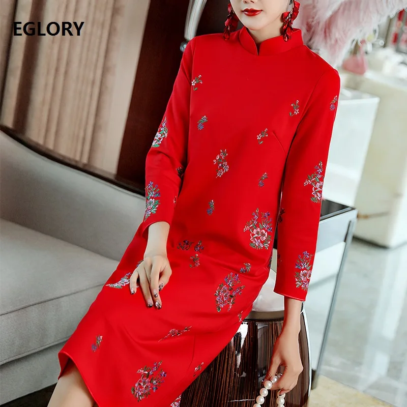

Elegant Red Black Party Midi Dress High Quality Women Exquisite Floral Embroidery Long Sleeve Mid-Calf 1950s Style Dress 4XL