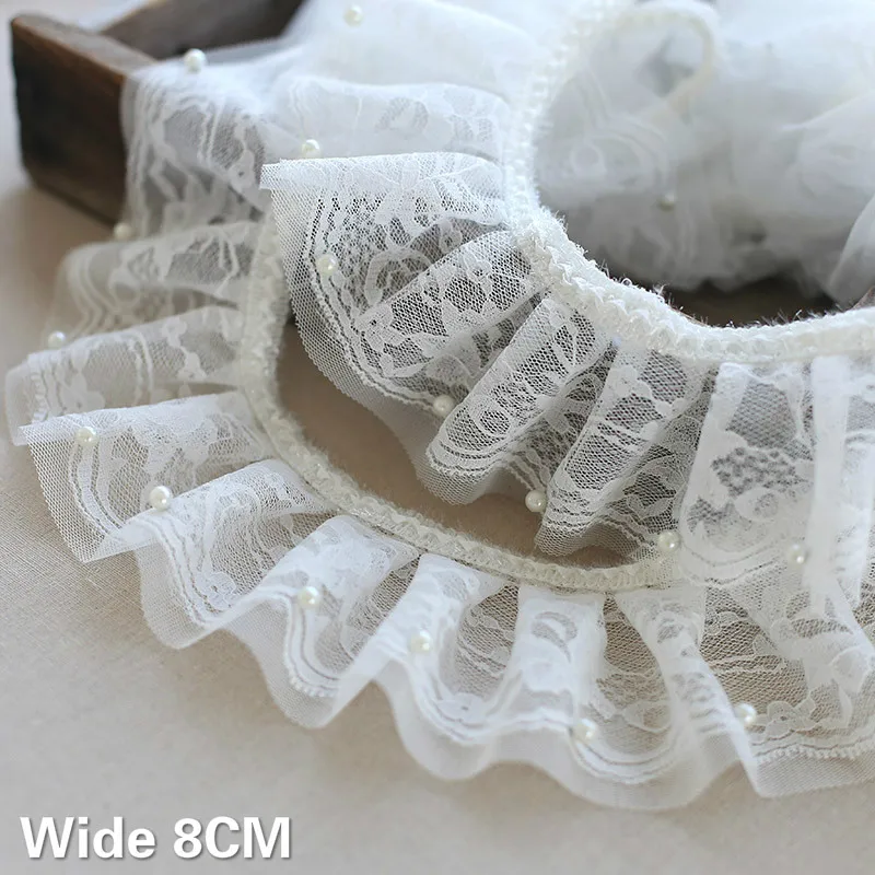 

8CM Wide White Double Layers Mesh 3d Flowers Lace Ribbon Beaded Fringe Ruffle Trim Skirts Dress Collar Sewing Splicing Materials