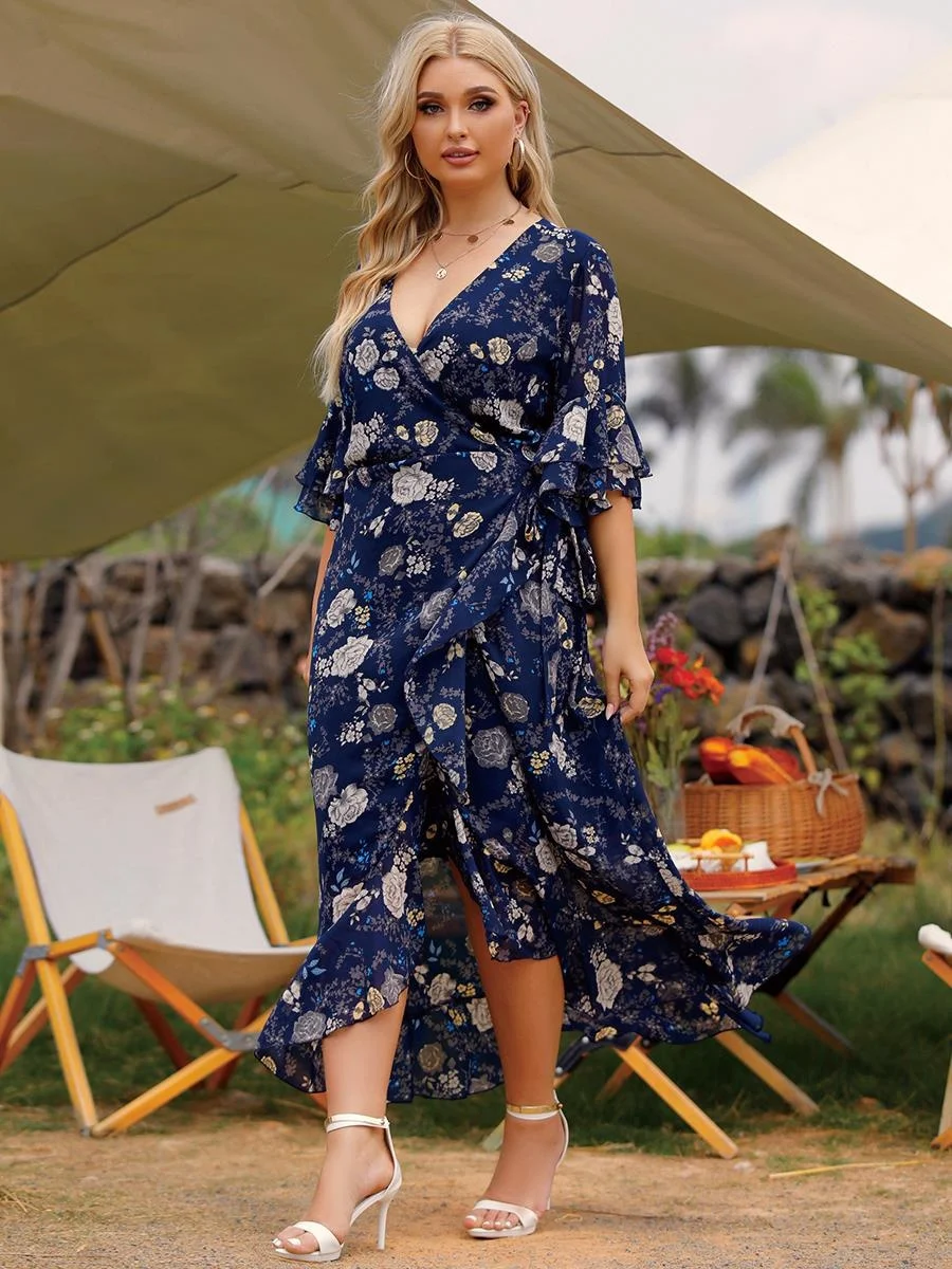 

Женское летнее пляжное платье с V-образным вырезом и цветочным принтом