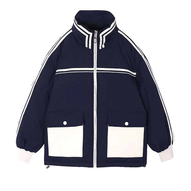 

Women Dark Blue Jackets Thicken Streetwear Oversized Parkas Long Sleeve Pockets Female Stripe Coats Mujer Tops Coat