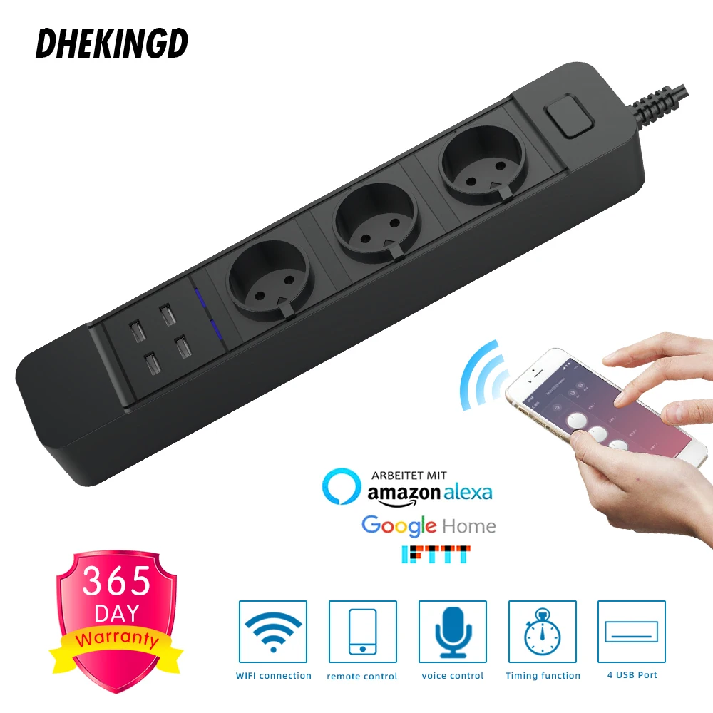 Smart Wifi  Power Strip 3 AC EU Outlets Plug 4 USB Charging Port Timing App Voice Control Work with Alexa Google Home Assistant