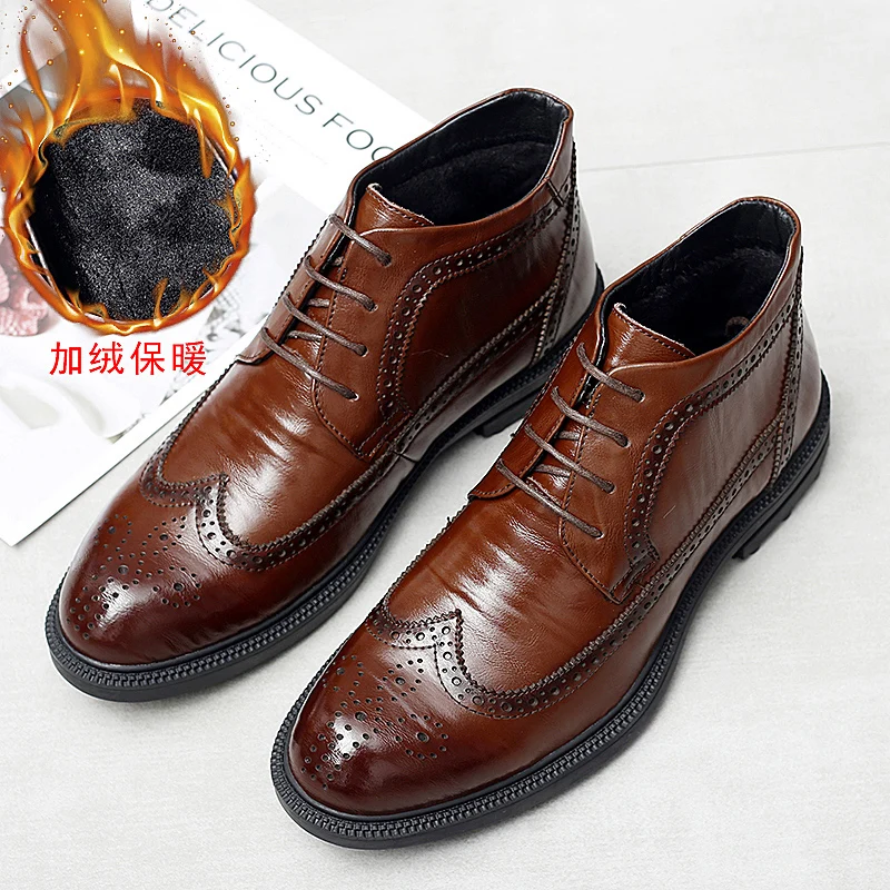 

2019 winter fashion men's shoes dress genuine leather male classic brown or black add plush shoe man office formal shoes for men