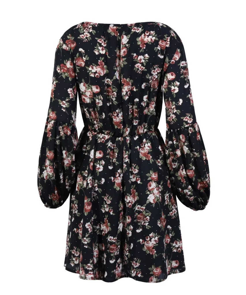 

Spring Summer Print Vintage Dress V-neck Lace Up Polka Dot Flower Bubble Lantern Sleeve Short Dress Women Party Vestidos Black