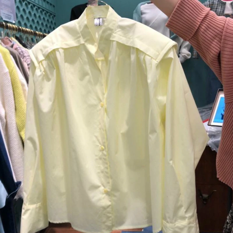 

2021 Korean Blouse and Tops Long Sleeve White Stand Collar Casual Loose Elegant Office Ladies Button Shirt and Blouse Fashion