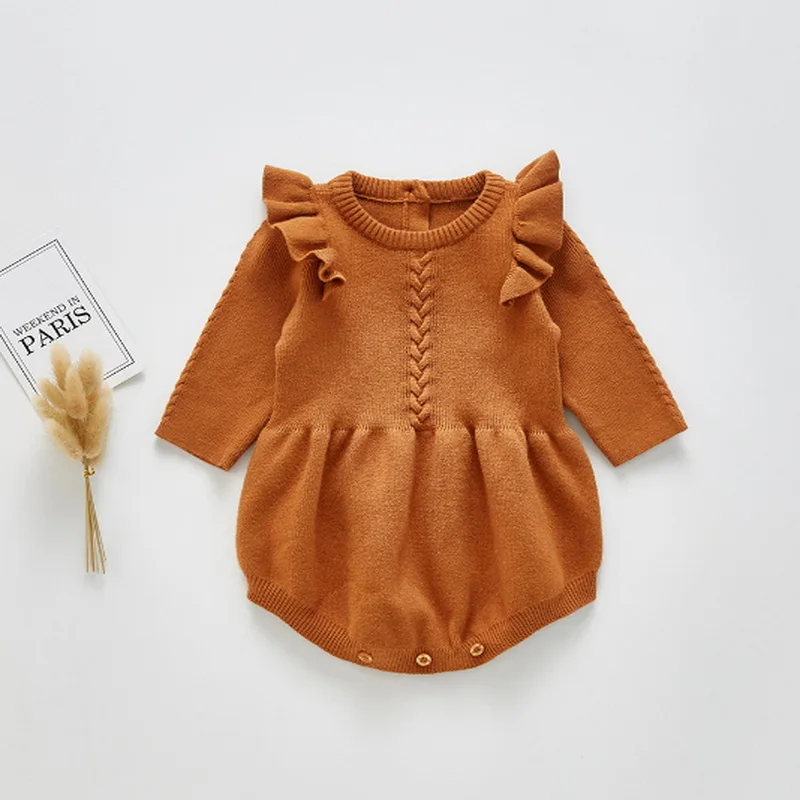 2021 nuevo oto&ntilde;o Body para beb&eacute; manga larga acampanada de cuello redondo lana de Color s&oacute;lido mono ni&ntilde;os ropa de 0-2 a&ntilde;os E336-3